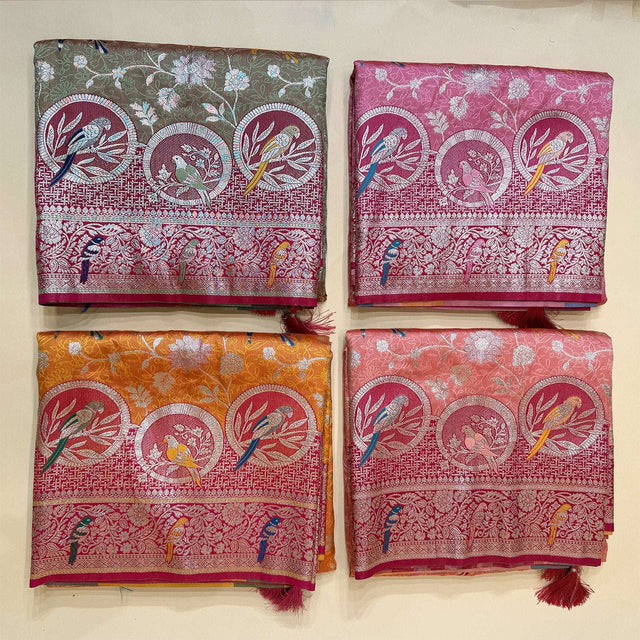 Folded silk sarees with parrot motif and contrast borders, assorted colors