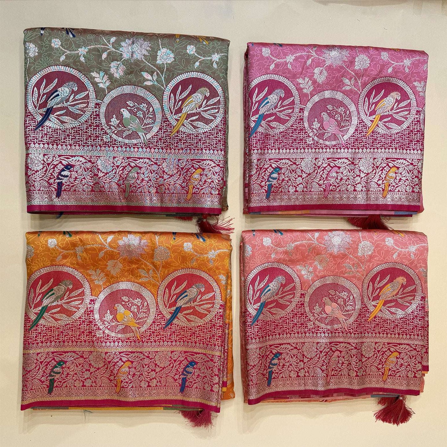 Wedding Gift Parrot Motif Silk Saree With Contrast Border Pallu with Blouse