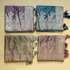 Soft Satin Silk Saree With Zari Border Pallu in Kairi Mango Design with Blouse