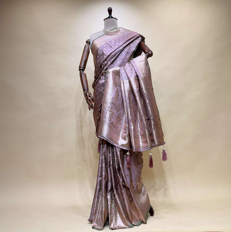 Soft Satin Silk Saree With Zari Border Pallu in Kairi Mango Design with Blouse