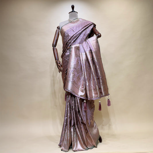 Soft Satin Silk Saree With Zari Border Pallu in Kairi Mango Design with Blouse