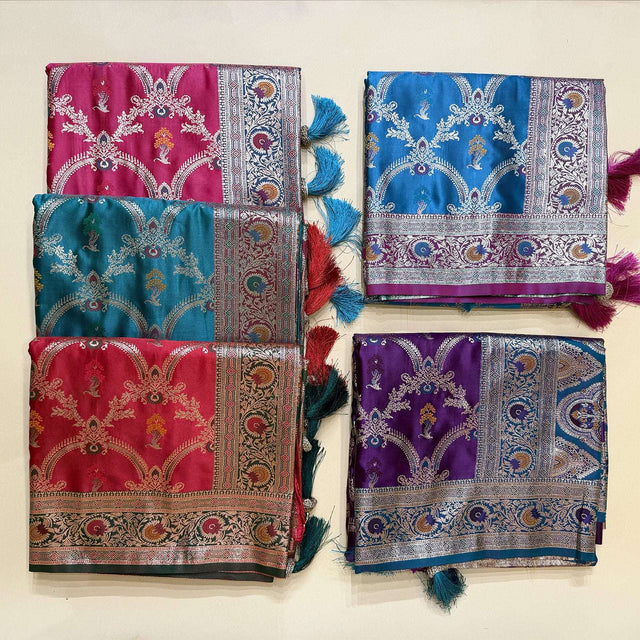 Silk saree fabric set with geometric prints in blue, purple, red, teal and tassel borders