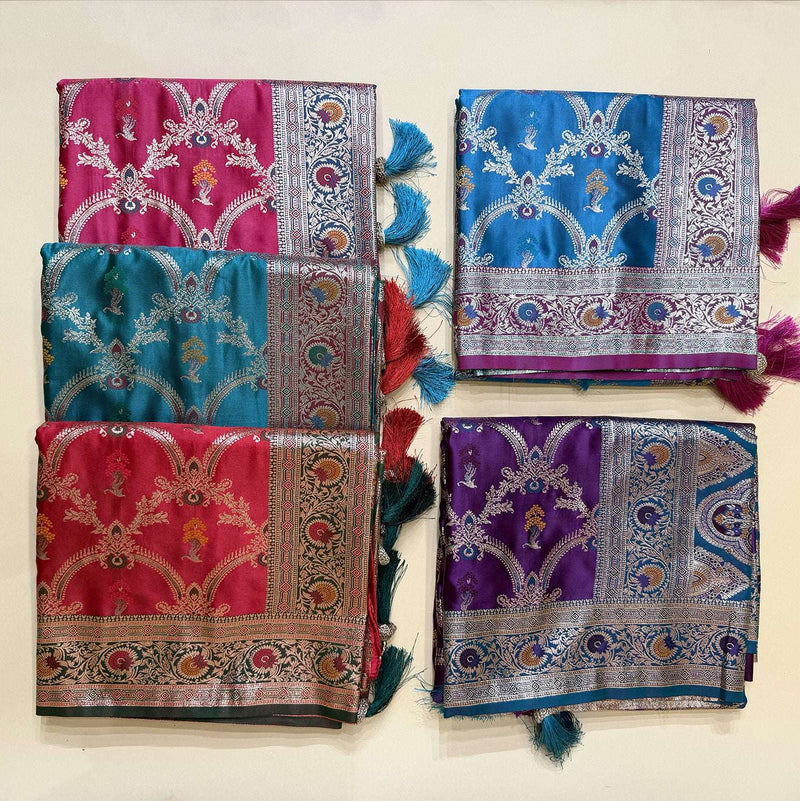 Silk saree fabric set with geometric prints in blue, purple, red, teal and tassel borders