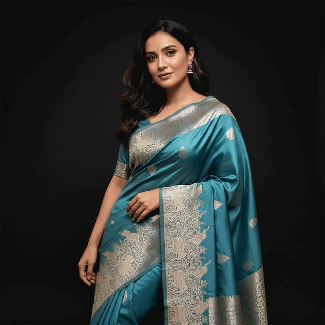 Teal satin silk saree with silver elephant-pattern pallu and zari border
