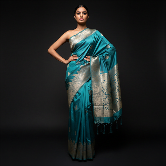 Soft Satin Silk Saree With Zari Border Pallu in Elephant Design with Blouse