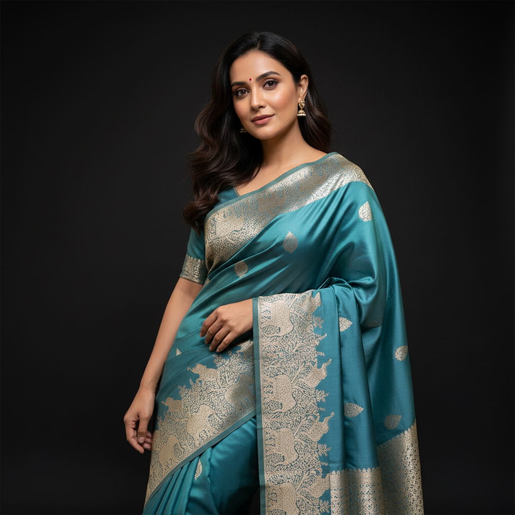 Soft Satin Silk Saree With Zari Border Pallu in Elephant Design with Blouse