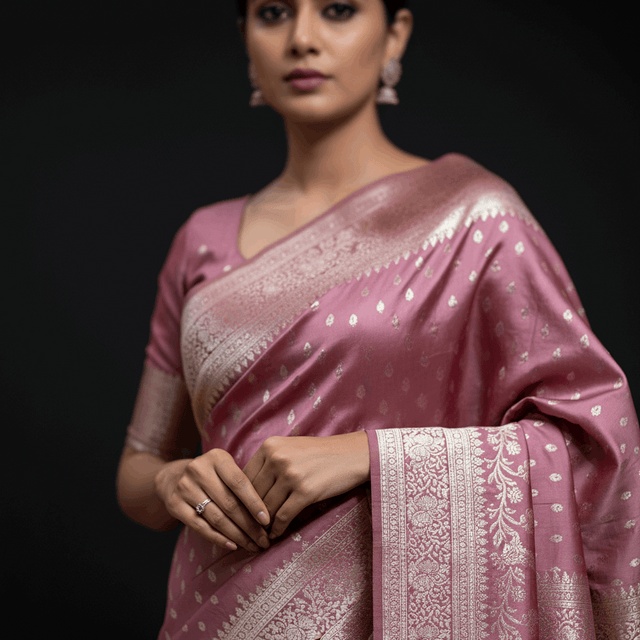 Rose gold satin silk saree close-up with zari border pallu and small floral motifs