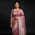 Dusty rose satin silk saree with silver zari floral border and pallu detail