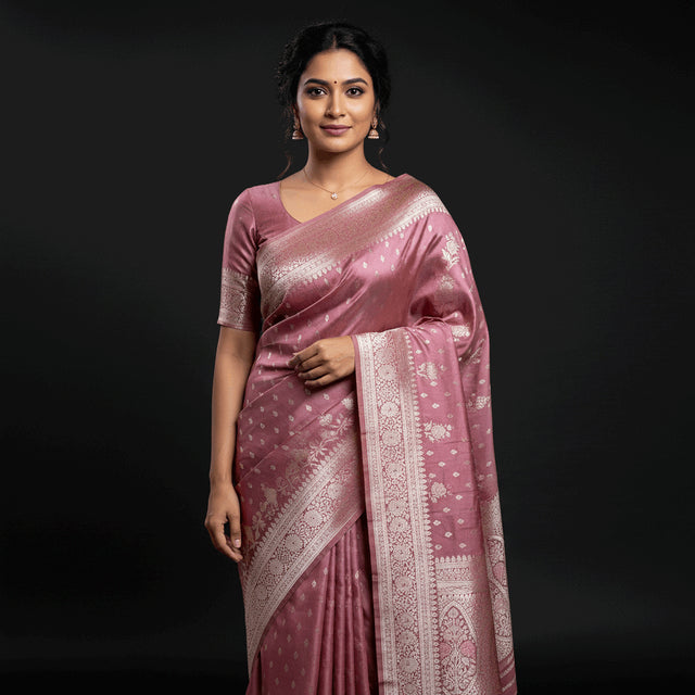 Dusty rose satin silk saree with silver zari floral border and pallu detail
