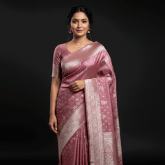 Rose gold satin silk saree with zari floral border pallu and blouse, draped