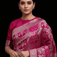 Rani pink satin silk saree with zari border pallu in geometric motifs, close view