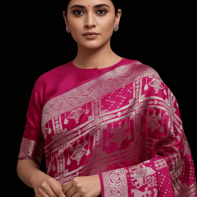Rani pink satin silk saree with zari border pallu in geometric motifs, close view