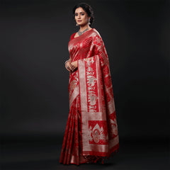Red satin silk saree with silver zari elephant pallu and woven border