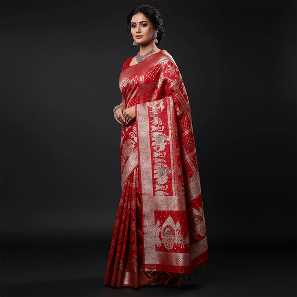 Red satin silk saree with silver zari elephant pallu and woven border