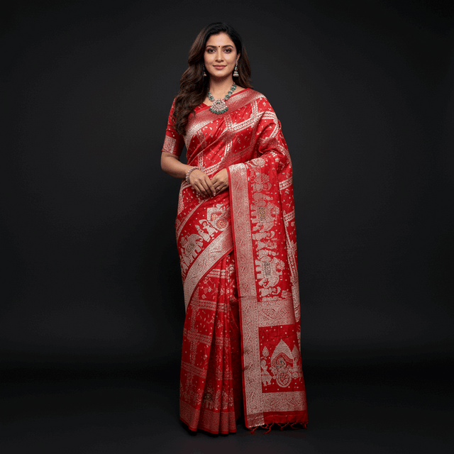 Red satin silk saree with zari border pallu and patterned motifs, draped with blouse