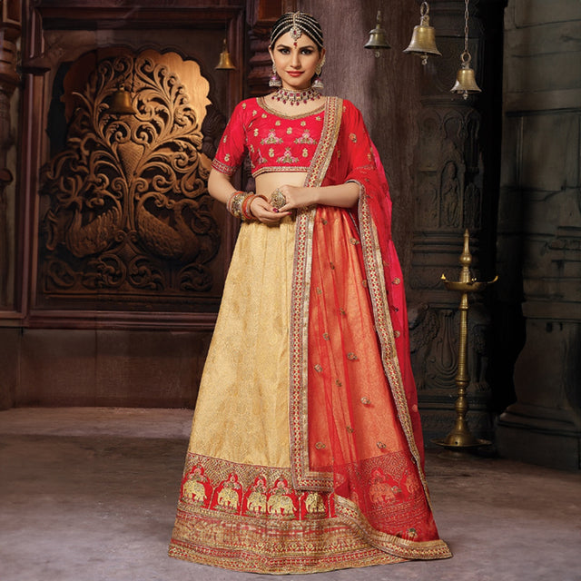 Red and off-white Banarasi silk lehenga with matching blouse and woven border