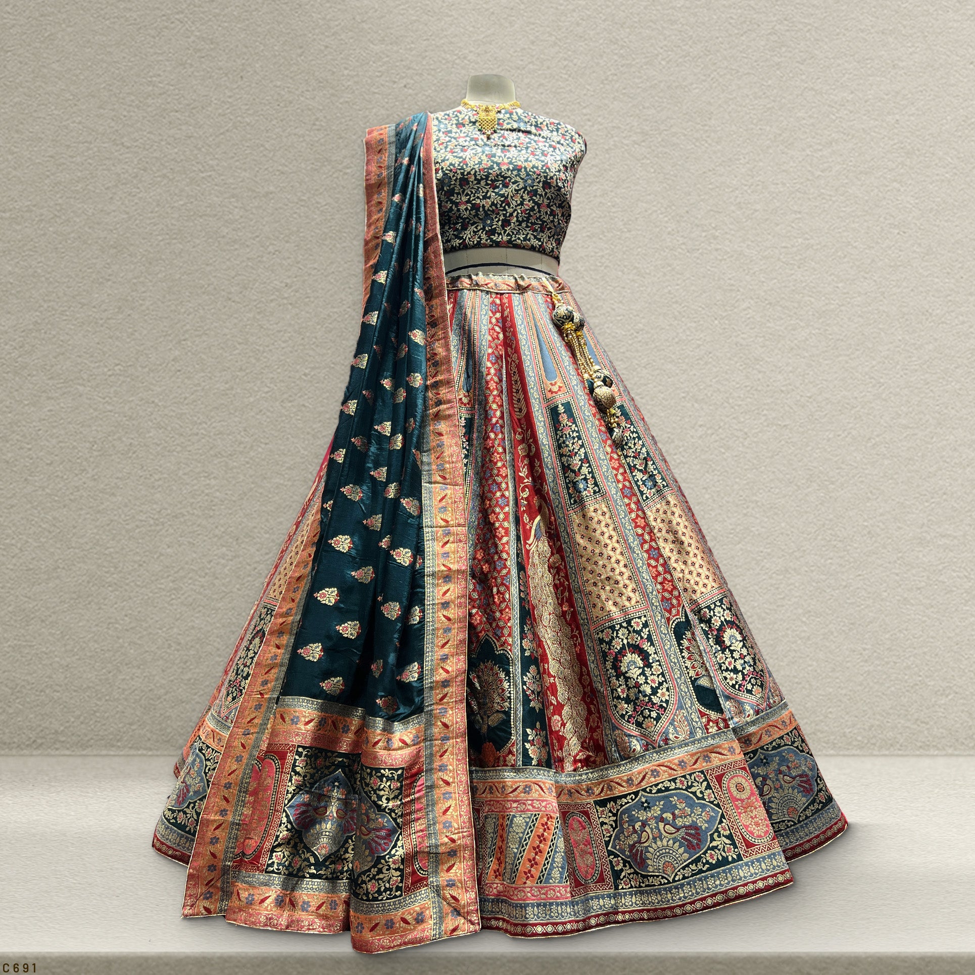 Shringaar: Hand Dyed Banarasi Weaving Peacock Color Lehenga JMS Studio {{ Royal Red Bridal Lehenga}}