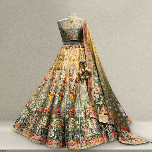 Vantara - Multicolor Premium Silk Position Print Banarasi Lehenga