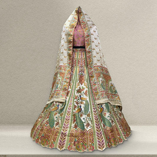 Vantara - Multicolor Premium Silk Position Print Banarasi Lehenga