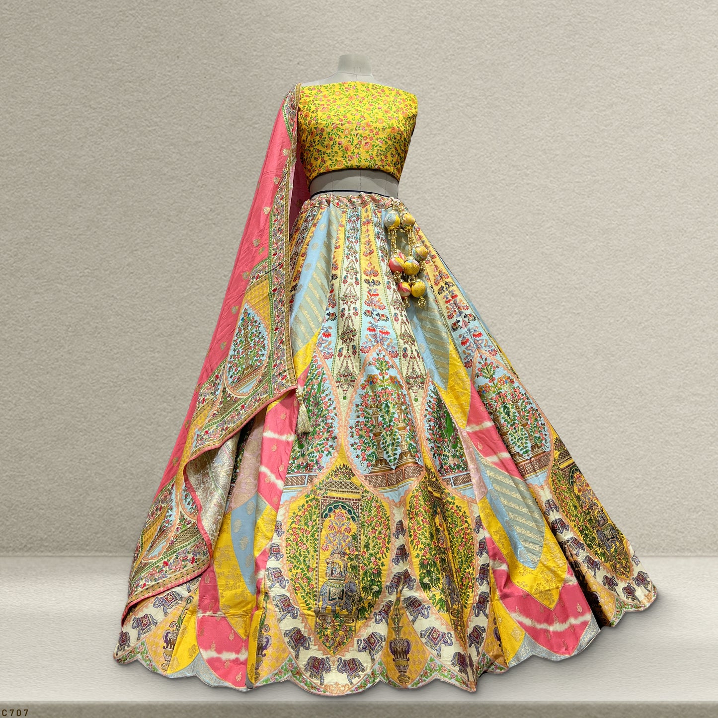 Vantara - Multicolor Premium Silk Position Print Banarasi Lehenga