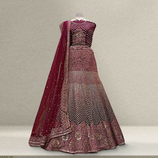Maroon and rose-gold sequined lehenga with crop top, flared skirt and dupatta