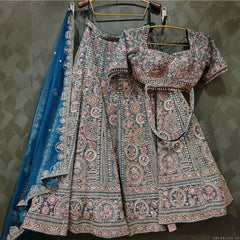 Embroidered lehenga set: teal dupatta with sequin border and flared, embellished skirt