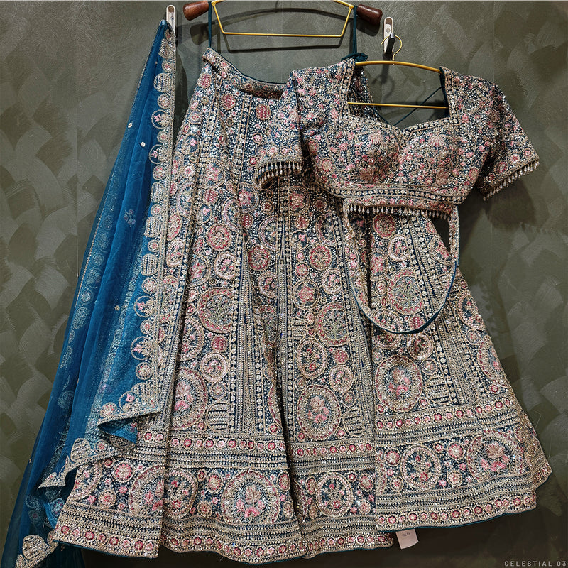 Embroidered lehenga set: teal dupatta with sequin border and flared, embellished skirt