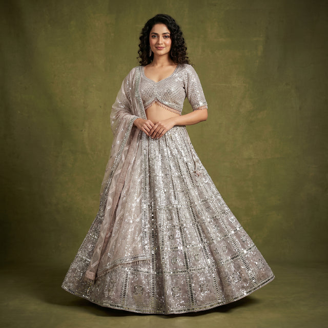 Champagne rose net mirror-work lehenga with full flared skirt and matching dupatta