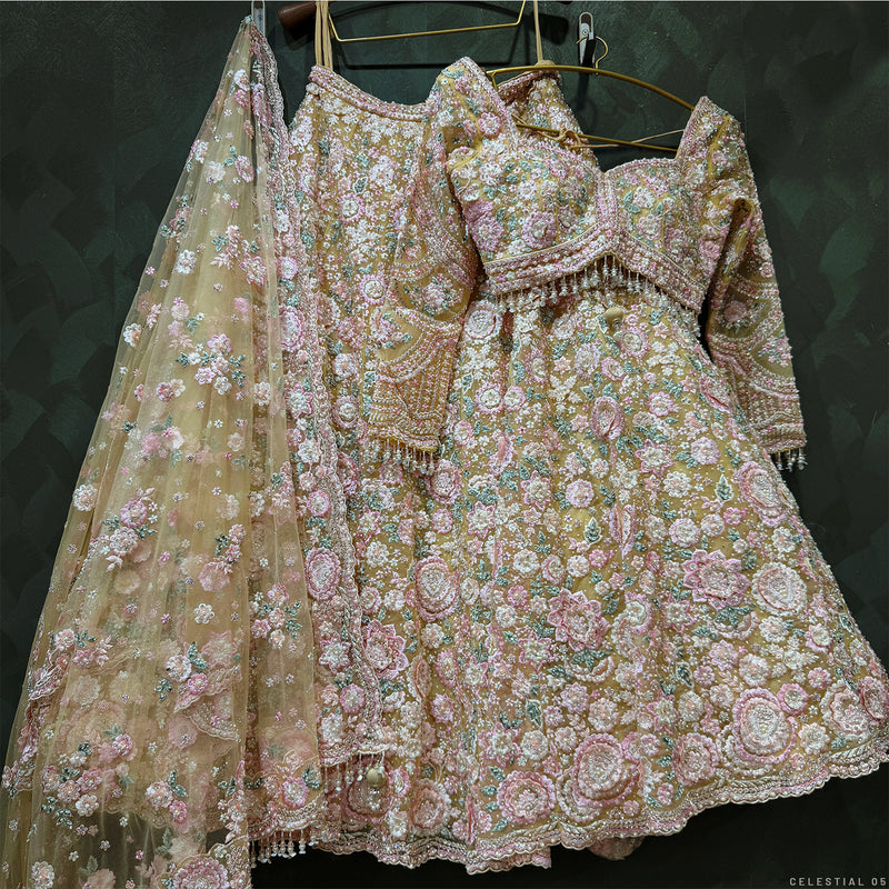 Beaded floral lehenga with matching dupatta, scalloped lace trim and embroidered bodice