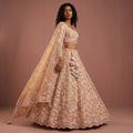 Soft yellow lehenga set with 3D floral applique, pink embroidery, V-neck blouse and skirt