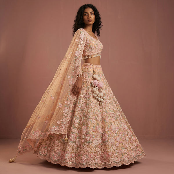 Soft yellow lehenga set with 3D floral applique, pink embroidery, V-neck blouse and skirt