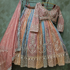 Embroidered multicolor lehenga skirt with flared silhouette and ornate border