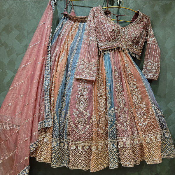 Embroidered multicolor lehenga skirt with flared silhouette and ornate border