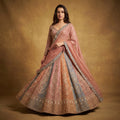 Multicolour tissue silk lehenga with embroidered blouse and dupatta, flared skirt