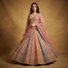 Multicolour tissue silk lehenga with embroidered blouse and dupatta, flared skirt