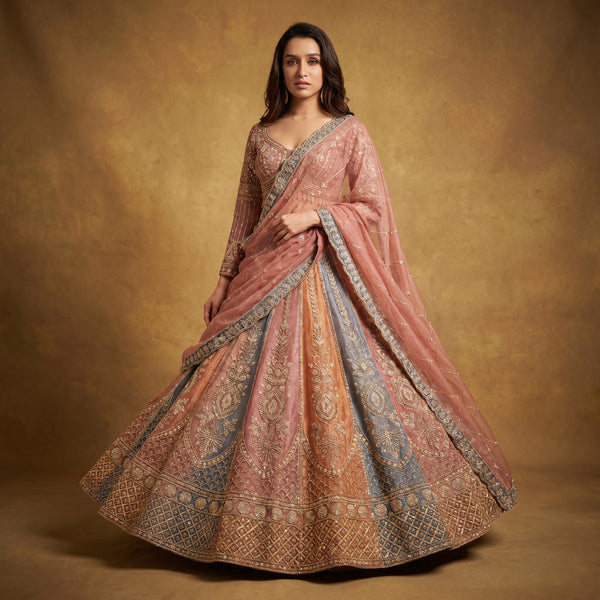 Multicolour tissue silk lehenga with embroidered blouse and dupatta, flared skirt