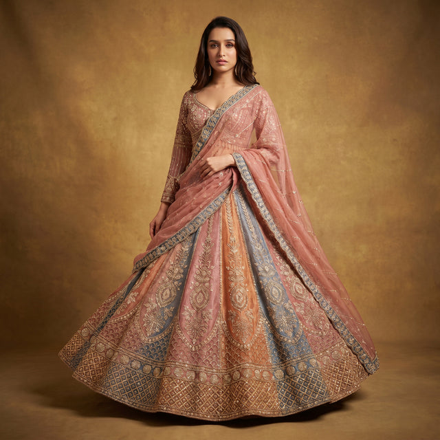 Multicolour tissue silk lehenga with embroidered blouse and dupatta, flared skirt