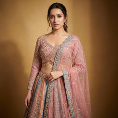 Pink tissue silk blouse and matching lehenga skirt with embroidered border, draped dupatta