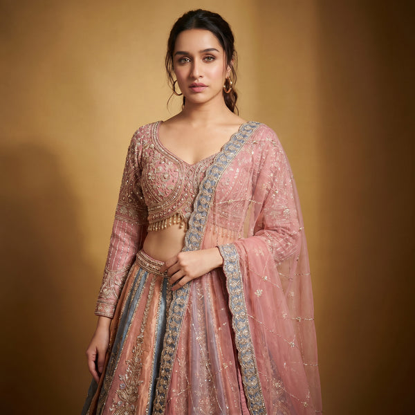 Pink tissue silk blouse and matching lehenga skirt with embroidered border, draped dupatta