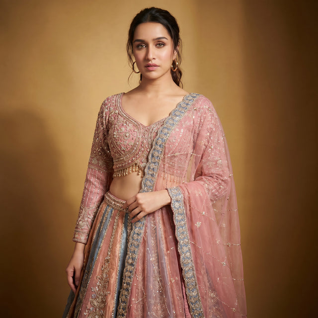 Pink tissue silk blouse and matching lehenga skirt with embroidered border, draped dupatta