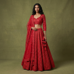 Red sequin embroidered lehenga with fitted blouse and matching dupatta