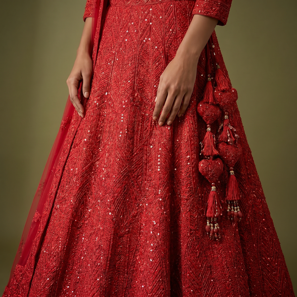 Red sequined lehenga skirt with dense embroidery and tassel potli on side