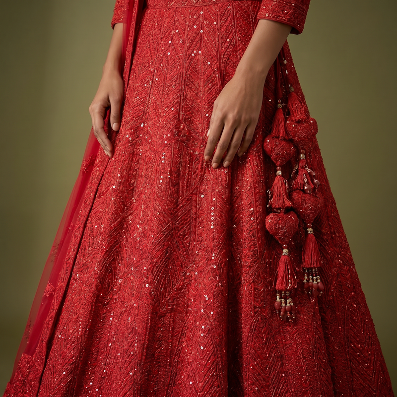 Red sequined lehenga skirt with dense embroidery and tassel potli on side
