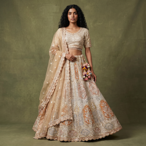 Ivory bridal lehenga with sequin zari embroidery, short sleeves, and flared pleated skirt