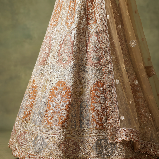 Ivory lehenga skirt close-up with detailed embroidery panels and scalloped border hem