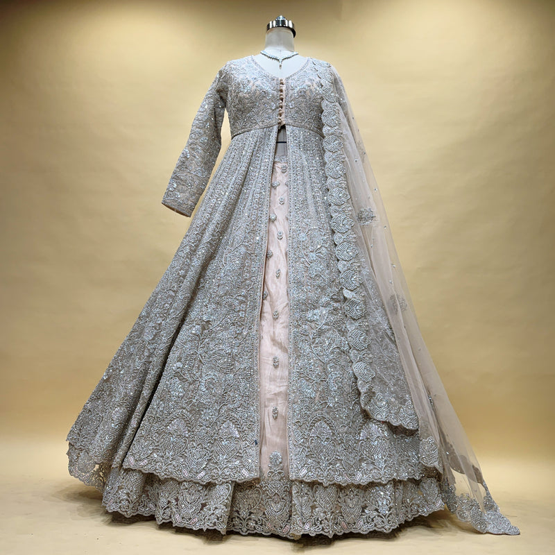 Celestial - Silver Zari Net Bridal Gown Lehenga with Peach Base