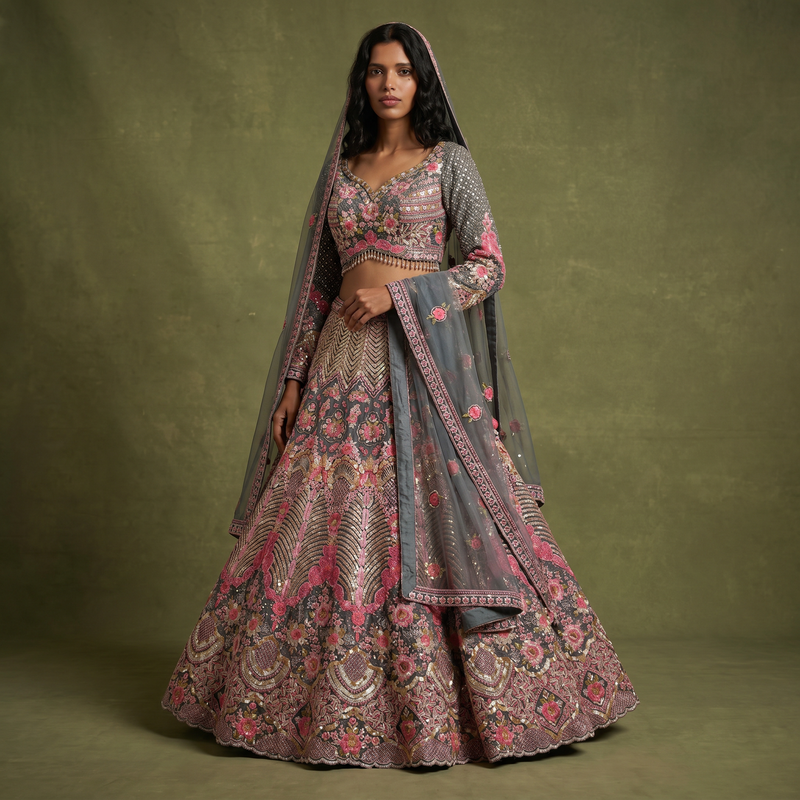 Embroidered lehenga with floral motifs, pink accents on gray-blue base, with matching dupatta