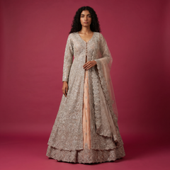 Celestial - Silver Zari Net Bridal Gown Lehenga with Peach Base