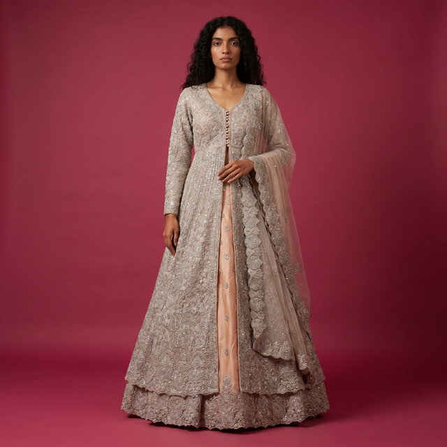 Bridal gown lehenga in silver net with embroidered V-neck and peach lining, long sleeves
