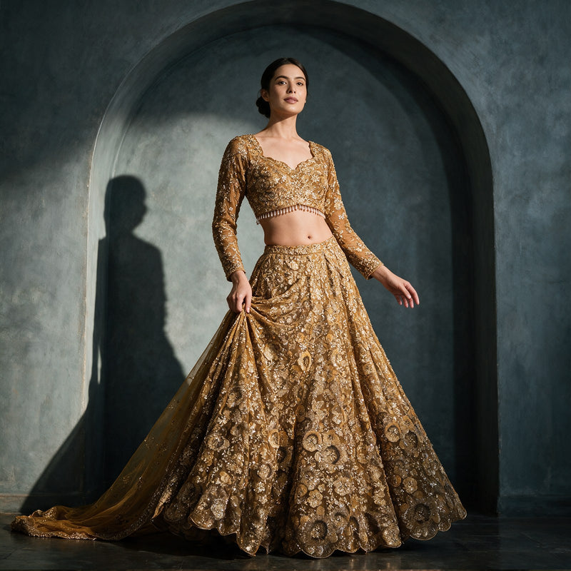 Celestial - Antique Gold Net Sequin & Stone Work Floral Lehenga, Ready to Wear with Net Dupatta